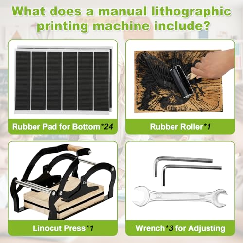 A4 Manual Lever Linocut Printing Press, Suitable for 25mm Thick Blocks, Even Pressure on Large Format, Reinforced Structure,Linocut Press Machine Design Includes Felt Pad & Rubber Roller
