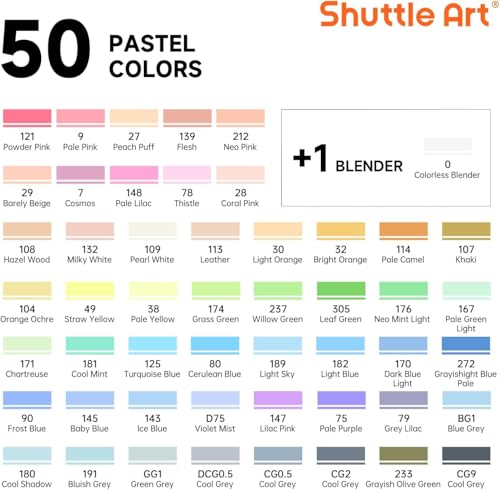 Shuttle Art Pastel Alcohol Markers Brush tip, Dual Tip Brush & Chisel Tip Art Marker Set, 50 Colors plus 1 Blender Marker Pens with Case Perfect for Illustration Students Adults Coloring Sketching - color: 51 Pastel Colors Brush & Chisel Tip