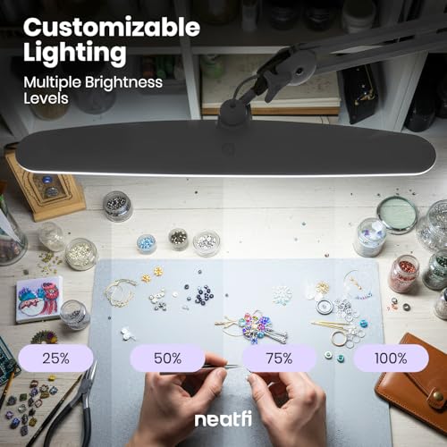 Neatfi XL 2,200 Lumens 20W LED Task Lamp – 23” Ultra-Wide Head | 182 SMD LEDs | 4 Brightness Levels | 3 Light Modes | Eye-Caring, Glare-Free | Adjustable Arm (Silver, CCT with Clamp) - color: Silver
