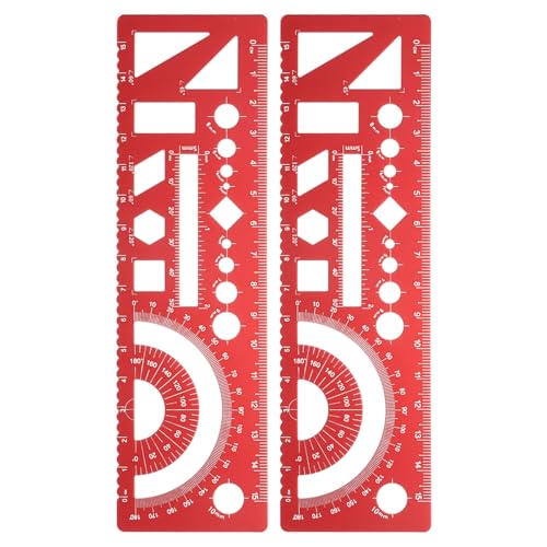 HARFINGTON 2pcs Multifunctional Geometric Rulers 15cm Metric and SAE Aluminum Straight Edge Protractor Angle Math Measuring Ruler Geometric Drawings Templates for Drawing Drafting, Red - color: Red