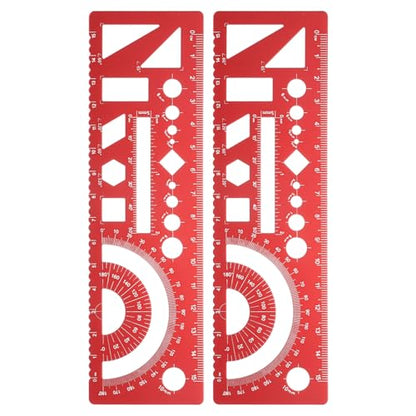 HARFINGTON 2pcs Multifunctional Geometric Rulers 15cm Metric and SAE Aluminum Straight Edge Protractor Angle Math Measuring Ruler Geometric Drawings Templates for Drawing Drafting, Red - color: Red