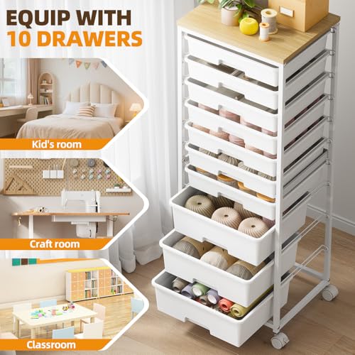SYKIARIOL Rolling Storage Cart with 10 Drawers,White | Craft Cart with 3 Big Drawers + 7 Small Drawers,Teacher Storage Cart with Wooden Tabletop for School,Office and Home
