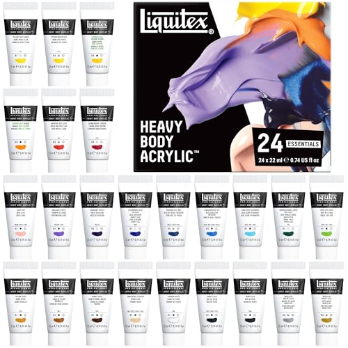 Liquitex Heavy Body Acrylic Paint Set, 24 x 22ml, Essentials Set | High Viscosity, Pigment Rich, Ideal for Impasto & Texture, Satin Finish, Permanent Color, Crisp Brush Strokes & Knife Marks - size: 1 Count (Pack of 1), style: Essentials Set 24 x 22 (0.74