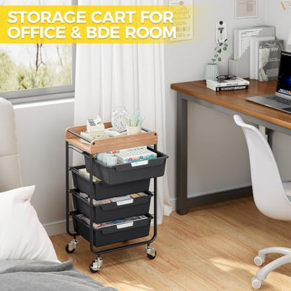SYKIARIOL Utility Cart with 4 Labeling Drawers and Wooden Tabletop,Black - color: Classic Black, size: 4-Drawer