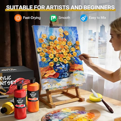 WUO 24 Colors Acrylic Paint Set, 250ml/8.45oz Professional Acrylic Paint | Large Bulk Rich Pigment Non-Toxic Multi-Surface Art Supplies for Artists Beginners Adults on Canvas Wood Rock Ceramic Crafts - color: 24 Colors
