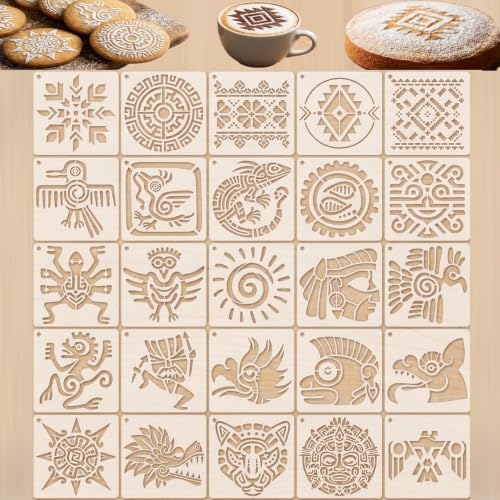 25-Pack Aztec Stencils Mayan Stencils, Reusable Painting & Baking Templates, Suitable for Wood, Canvas, Paper, Fabric, Cookies, Walls, Furniture. DIY Art and Home Decor Craft Stencils