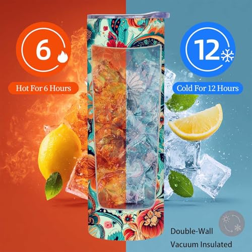 Firmiso 20 oz Tumbler｜Skinny Insulated Travel Mug｜Paisley Floral Stainless Steel Cup with Lid and Telescopic Straw｜Boho Botanical Drinkware｜Elegant Gifts Idea for Women - color: Paisley Floral