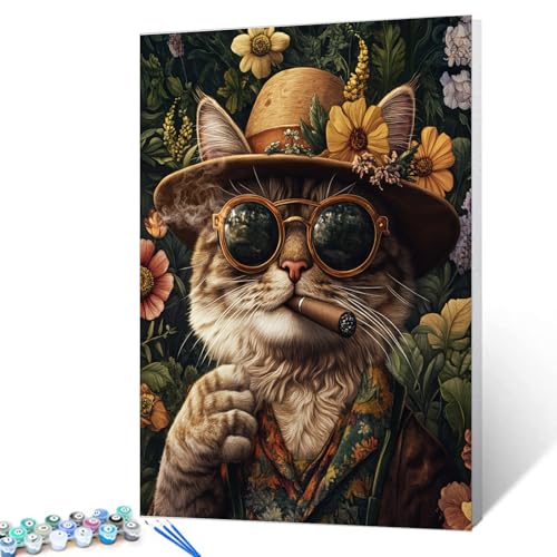 Cat Wearing Sunglasses Paint by Numbers for Adults Beginner Animals and Flower Oil Painting Kits on Canvas with Brushes and Acrylic Painting Crafts DIY Home Wall Decor 16X20 Inch (Frameless) - color: Hat Animal-04, size: 16''x20''(Frameless)