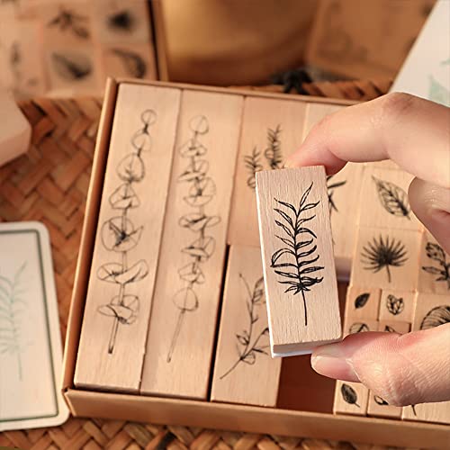 22 Pcs Plant Wooden Rubber Stamp Set for DIY Craft Projects | Crisp imprint detail, Natural wood handle, Sturdy stamping surface - color: Plant 1