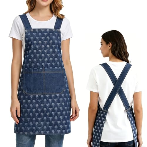 Denim Cross Back Aprons for Women with Front Pockets | Lightweight Cotton Adult Apron, Kitchen Cooking, Gardening, Painting, Pottery & Crafting, Durable & Stain-Resistant - color: Heart