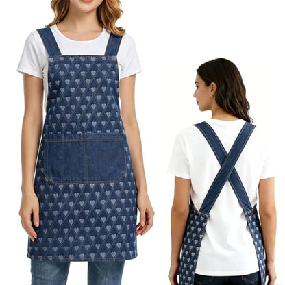 Denim Cross Back Aprons for Women with Front Pockets | Lightweight Cotton Adult Apron, Kitchen Cooking, Gardening, Painting, Pottery & Crafting, Durable & Stain-Resistant - color: Heart