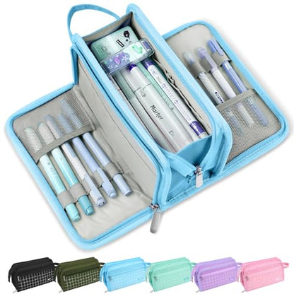 Sooez Pencil Case, Pencil Pouch, Pencil Bag, Pencil Box, Sky Blue & Plaid | Ample Storage, Durable Canvas, Smooth Zippers, Portable Handle, Cute Stationery Organizer, Makeup Bag, School Supplies, Girls - color: Sky Blue with Plaid