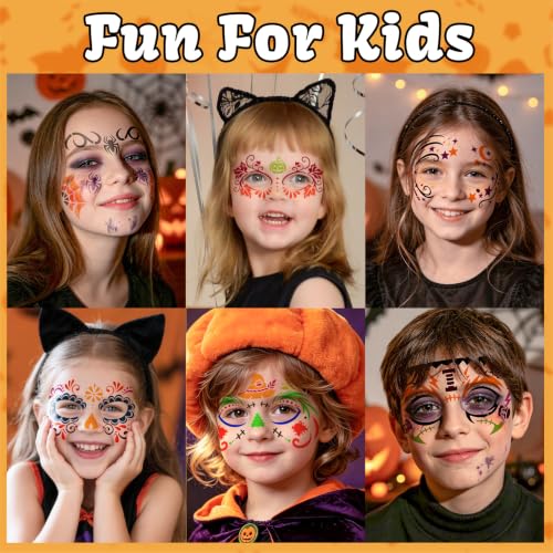 58PCS Halloween Face Paint Stencils Kit Includes 36 Reusable Facial Painting Stencils, 6 Sheets Tattoo Templates Stickers, 10 Brushes, 2 Pack Adhesive Gems, 4 Sponge for Halloween Party Makeup - color: Halloween