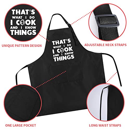 Rosoz Funny BBQ Black Chef Aprons for Men, Adjustable Kitchen Cooking Apron | I Cook and I Know Things, Adjustable, 2 Pockets, Long Ties, Waterproof Oil Proof , Husband Dad Papa Grilling Gifts