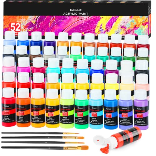 Caliart 52 Colors Acrylic Paint Set with Painting Brushes | Rich Pigment, Craft Painting Kit for Adults Artists, Halloween Pumpkin Canvas Wood Rock Ceramic Fabric Art Supplies Paints - color: Regular, size: 2 Fl Oz (Pack of 52)