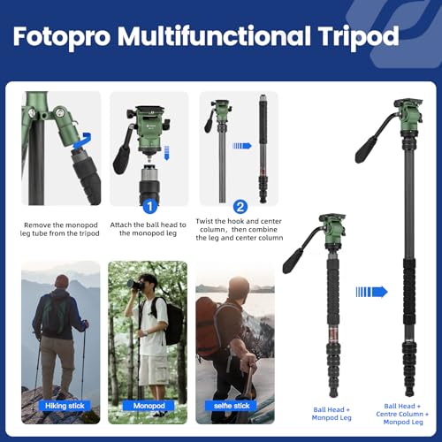 Fotopro 62" Carbon Fiber Travel Tripod, Lightweight Compact Video Tripods with Fluid Head, Detachable Monopod with Arca-Swiss Quick Release Plate and Bag, Camera Tripod Load up to 8KG/17.63lbs, Green - color: Green, size: 62" Video (Carbon Fiber)