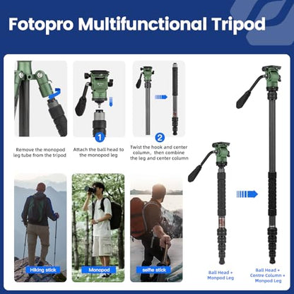 Fotopro 62" Carbon Fiber Travel Tripod, Lightweight Compact Video Tripods with Fluid Head, Detachable Monopod with Arca-Swiss Quick Release Plate and Bag, Camera Tripod Load up to 8KG/17.63lbs, Green - color: Green, size: 62" Video (Carbon Fiber)