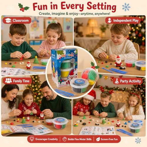 Air Dry Clay for Kids, 4 Christmas Mini Modeling Clay Sets, DIY Snowman Model Magic Clay Kit with Tools & Tutorials, Christmas Stocking Stuffers for Kids, Creatible Art Crafts Toys Gifts Xmas Gift - color: 4 Packs Mini Christmas Kit