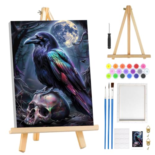 MOGTAA Halloween Paint by Numbers Kit for Adults Beginners with Frame, Skull Adult Paint by Number Kits on Canvas with Easel, Easy DIY Crow Oil Painting Kits for Home Decor, 8x12in - color: Skull