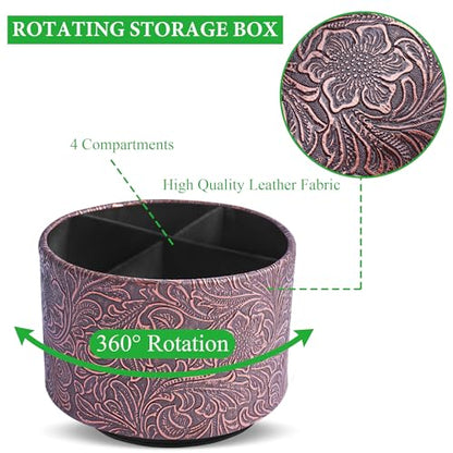 Round Leather Art Supply Organizer,Remote Control Holder,360 Degree Spinning,Multi-Functional Pencil Holder,4 Compartments Desktop Stationary Organizer(1-Carved Cooper Red) - color: 1-Carved Cooper Red