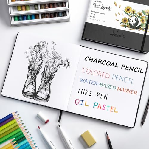 Sketchbook for Drawing, 120 Pages Sketch Book, 122LB/180GSM Thick Paper | Mixed Media Sketchbook for Charcoal Pencil, Inks Pen, Colored Pencil, Acrylic Marker, Oil Pastel - color: Back, size: Small(7.5×5.3INCH)