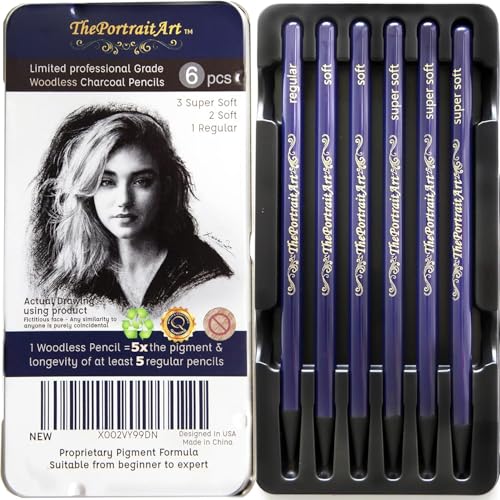 Woodless Pure Charcoal Pencils Set, Soft & Dark 6-Pc
