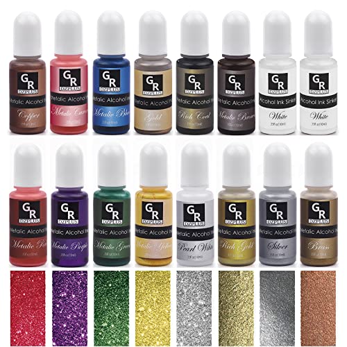 Metallic Alcohol Ink Set -16 Metallic Colors Alcohol Based Ink for Resin Art, Fluid Art,Resin Craft,Resin Petri Dish，Alcohol Ink Paint for Yupo,Tumbler (Metallic 16 Color Set)