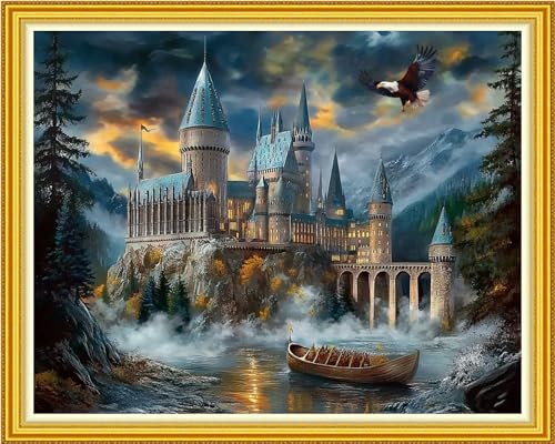 Fanxvivy Stamped Cross Stitch Kits for Beginners Full Range of Cross Stitching Preprinted Embroidery Kits for Adults, 11CT Embroidery Pattern Needlepoint Kits-Magic Castle 16x20 inch - color: Artdesign36