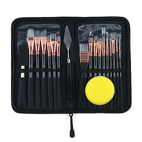 Transon 20Pcs Art Paint Brush Kit with Storage Case, 16 Brushes + Foam Brush Spatula Sponge for Acrylic Oil Watercolor Gouache, Adults Teens Beginners Art Supplies - color: Black