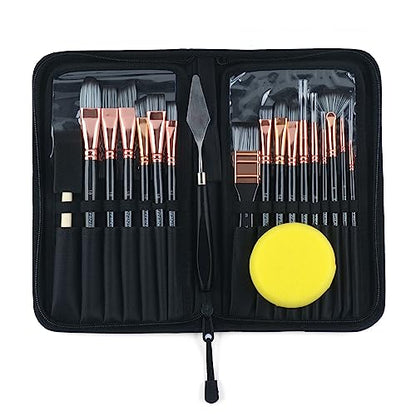 Transon 20Pcs Art Paint Brush Kit with Storage Case, 16 Brushes + Foam Brush Spatula Sponge for Acrylic Oil Watercolor Gouache, Adults Teens Beginners Art Supplies - color: Black