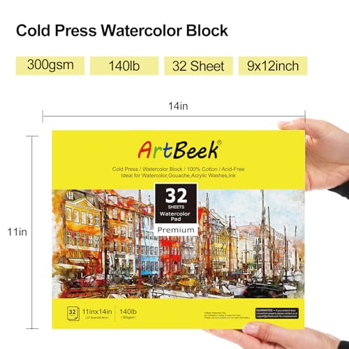 ArtBeek Watercolor Paper Block,11" x 14" Watercolor Block 32 Sheets 100% Cotton Cold Press 140lb/300GSM - size: Cold Press 11x14