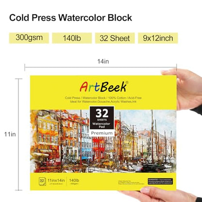 ArtBeek Watercolor Paper Block,11" x 14" Watercolor Block 32 Sheets 100% Cotton Cold Press 140lb/300GSM - size: Cold Press 11x14