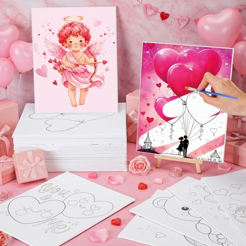 Harloon 36 Pcs 8 x 10 Inch Pre Drawn Canvas for Painting Pre Stretched Canvas Painting for Adults Kids Outline for Sip and Paint Supplies Favor (Pink Valentine) - style: Pink Valentine