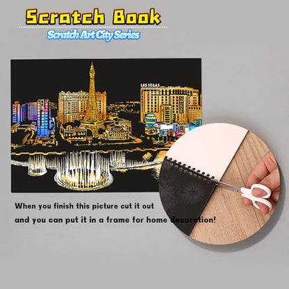 DESINIK Scratch Art Book for Adults and Teens-Rainbow Scratch Painting Art Kit, DIY Craft Kit with 1 Rainbow Scratch Art Book and 4 Tools, Landmark City Series - color: Landmark City Series