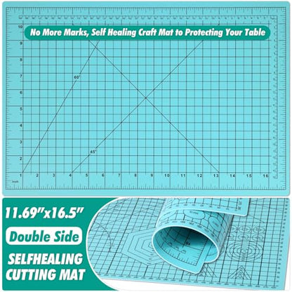 Rotary Cutting Mat and Tools Set, Audab 45mm Fabric Cropping Cutter Wheel with A3 Self Healing Sewing Mat, Blades, Quilting Ruler and Clips, Crafts Knife for Shirt Cloth Patchworking Scrapbooking