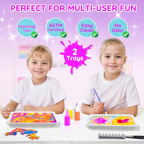 MOMUSE Water Marbling Paint Kit for Kids Dual Trays, Painting Craft Kits | Metallic Gold Marble Painting Kit, 6 7 8 9 10 Girls Birthday Gifts Present,Creative Arts & Crafts for Kids