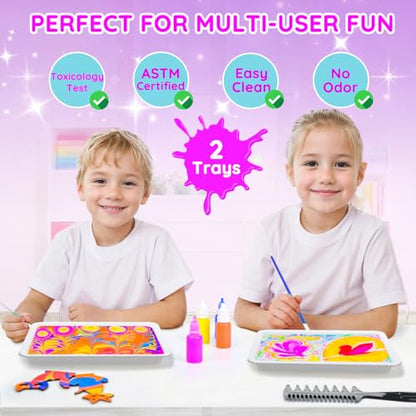 MOMUSE Water Marbling Paint Kit for Kids Dual Trays, Painting Craft Kits | Metallic Gold Marble Painting Kit, 6 7 8 9 10 Girls Birthday Gifts Present,Creative Arts & Crafts for Kids