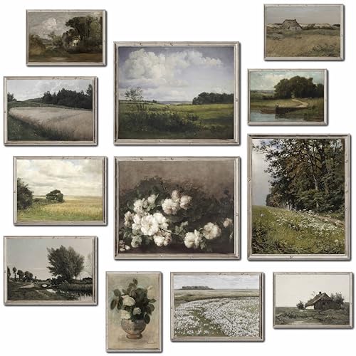 MAZUKO 12 Pcs Unframed Vintage Moody Landscape Art - French Country Decor - color: Vintage 6