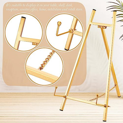 Leinuosen 2 Pcs Metal Easel Stand 16.5" H x 8.7" W x 4.3" D Table Top Easel Stand for Display Tripod Art Picture Mirror Modern Plate Holder for Display Book Photo Wedding Sign (Gold) - color: Gold
