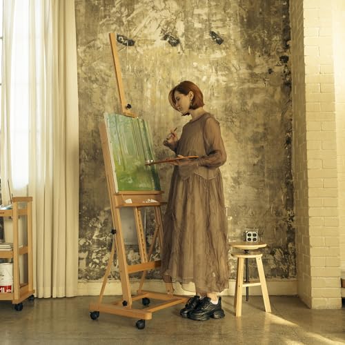 MEEDEN Large Studio H-Frame Beech Wood Artist Easel - Adjustable Movable Tilting Easel, Floor Painting Easel Stand, Holds Canvas Art up to 48" - color: Natural, size: Easel with Wheels