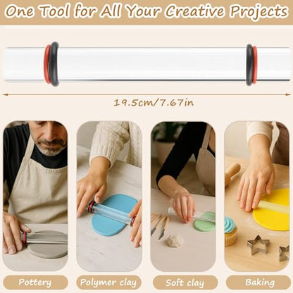 2-Piece Polymer Clay Acrylic Rolling Pin Set – Clear Slab Roller Tools with Thickness Rings for DIY Sculpting & Air-Dry Clay Projects