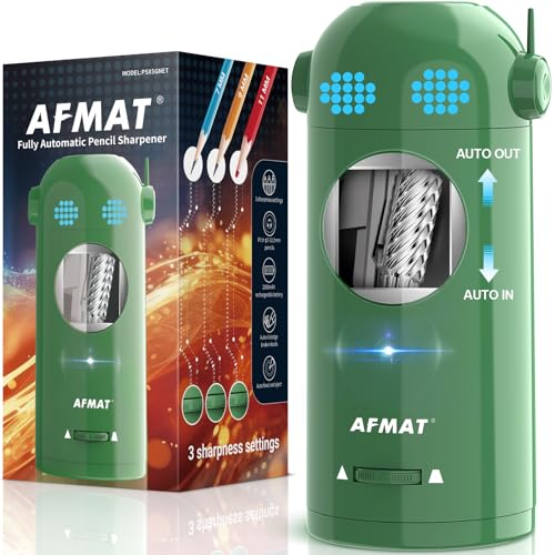 AFMAT Electric Pencil Sharpener, Fully Automatic Colored Pencil Sharpener for 7-11.5mm Pencils, Auto in &Out, Robot Pencil Sharpeners for Kids, Rechargeable Hands-Free with Dotted Eyes, PSX5ET, Green
