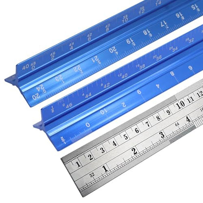 Biaungdo 3 Pack Architect Engineer Scale Ruler 12 Inch Blue for Drafting | Laser-Etched Precision Markings, Dual Imperial Metric Scales, Includes Metal Ruler, For Architects Engineers Students