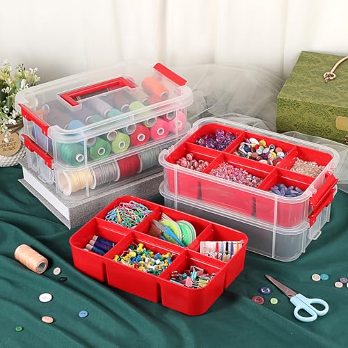JUXYES 4-Tiers Plastic Stack Carry Storage Containers Box wih Handle Lids - color: Red