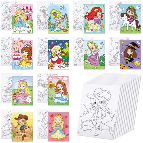 Anseal 12 Packs Princess Pre Drawn Canvas to Paint, 5" X 7" Pre Printed Canvas for Kids Outline Painting Boards for Beginners, Students, Party Favor - color: Princess