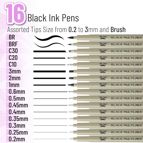 Mr. Pen- Drawing Pens for Artists, 16 Sizes, Black Multiliner | Micro Pens for Drawing - size: 16 Tip Sizes(0.2 to 3 mm)
