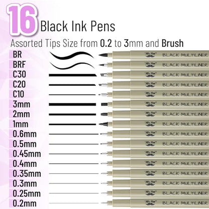 Mr. Pen- Drawing Pens for Artists, 16 Sizes, Black Multiliner | Micro Pens for Drawing - size: 16 Tip Sizes(0.2 to 3 mm)