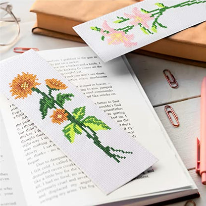 Caydo 3 Pieces Cross Stitch Bookmarks, DIY Stamped Embroidery Bookmark Kit | Cross Stitch Bookmarks for Beginner Flower Patterns 14 Count Crossstitch Projects for Book Lovers