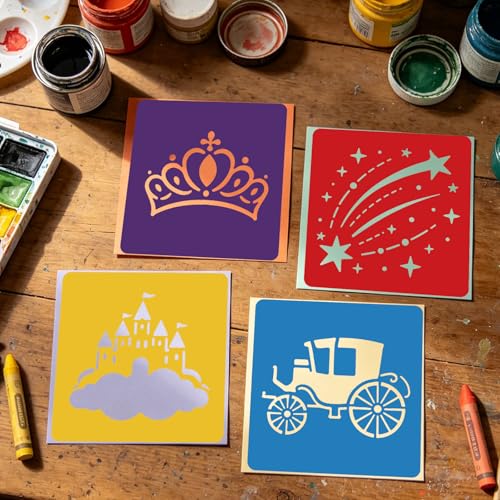 CUTHOLLOW Animals Fruit Plant Stencils, 24PCS 8-Inch Reusable Plastic | 24PCS 8-Inch Animals, Fruit & Plant Shapes, Reusable Washable Plastic, Painting, Crafts, Wall Art & Sidewalk Chalk - style: Fairies and Castles