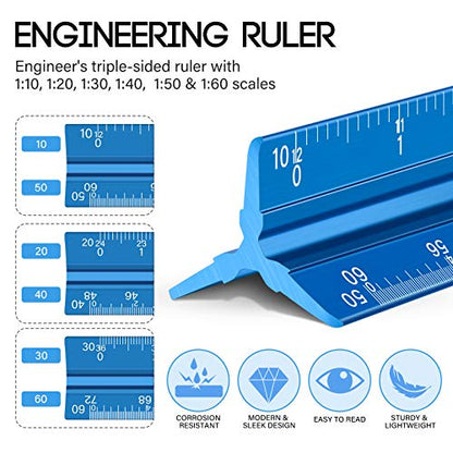 6 Pcs 12 Inch Architectural Engineering Scale Ruler Set Aluminum Triangular Drafting Tool with Metal Standard Ruler and 6 in 1 Tech Tool Pen for Architects, Draftsman and Engineers Drafting Blueprints